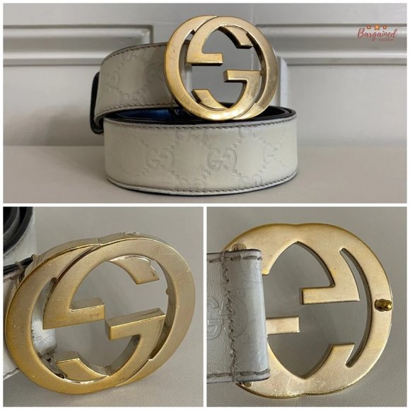 Authentic Gucci Cream Guccissima Leather Gold Interlocking G Buckle Belt 90/36 - Picture 2 of 14